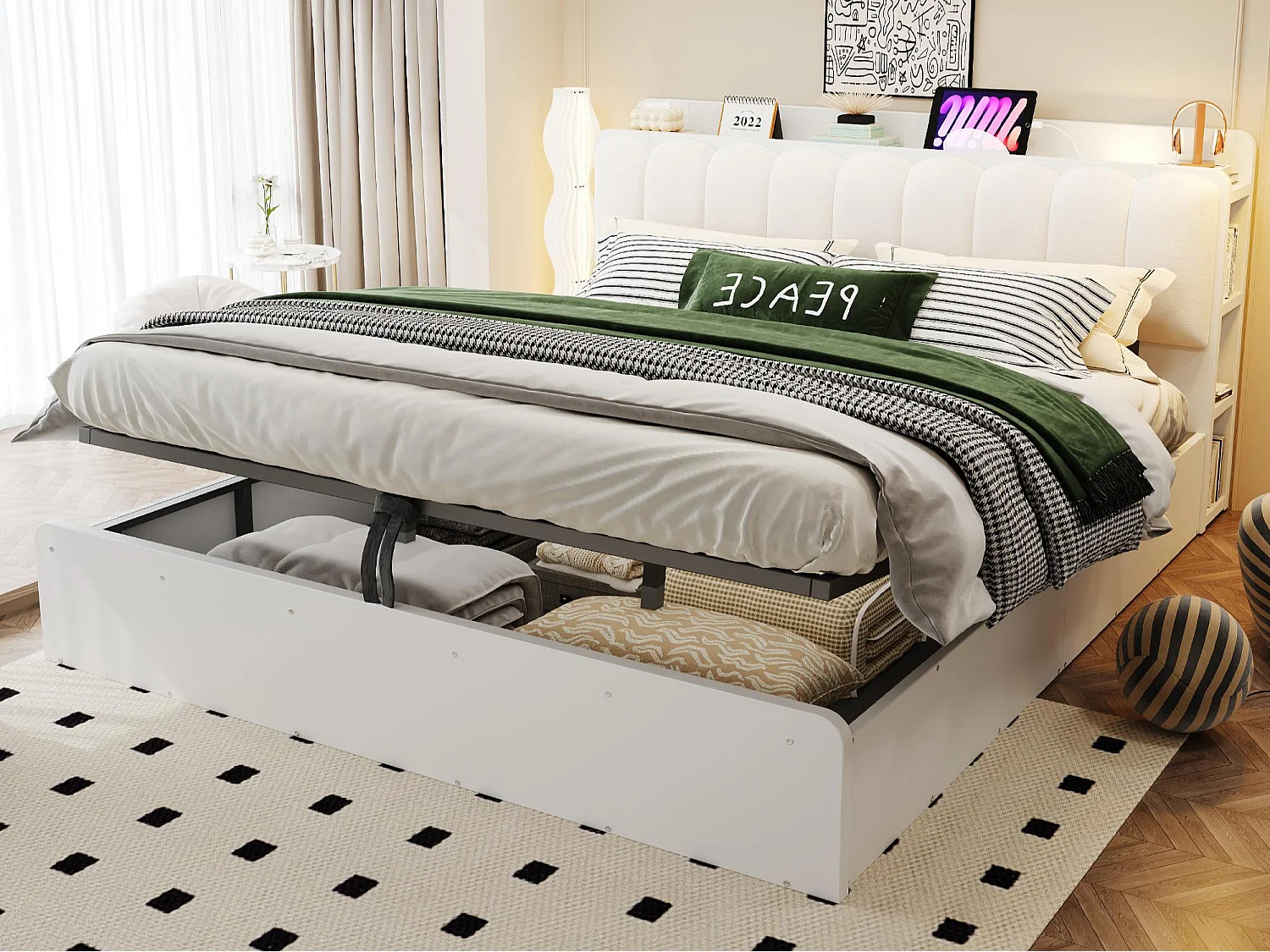 Holzbett mit Stauraum 180×200cm - Gepolsterte Kopfteil - Mit Regalen - Mit USB-Anschluss - Weiß (Matratze nicht enthalten)