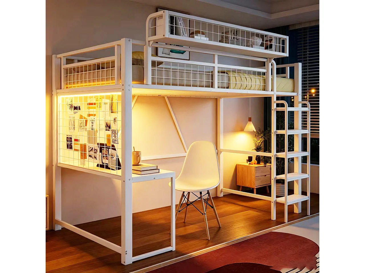 Letto a soppalco in metallo 90 x 200 cm - con scrivania - con cestino portaoggetti - con illuminazione LED - con presa elettrica - bianco (materasso non incluso)