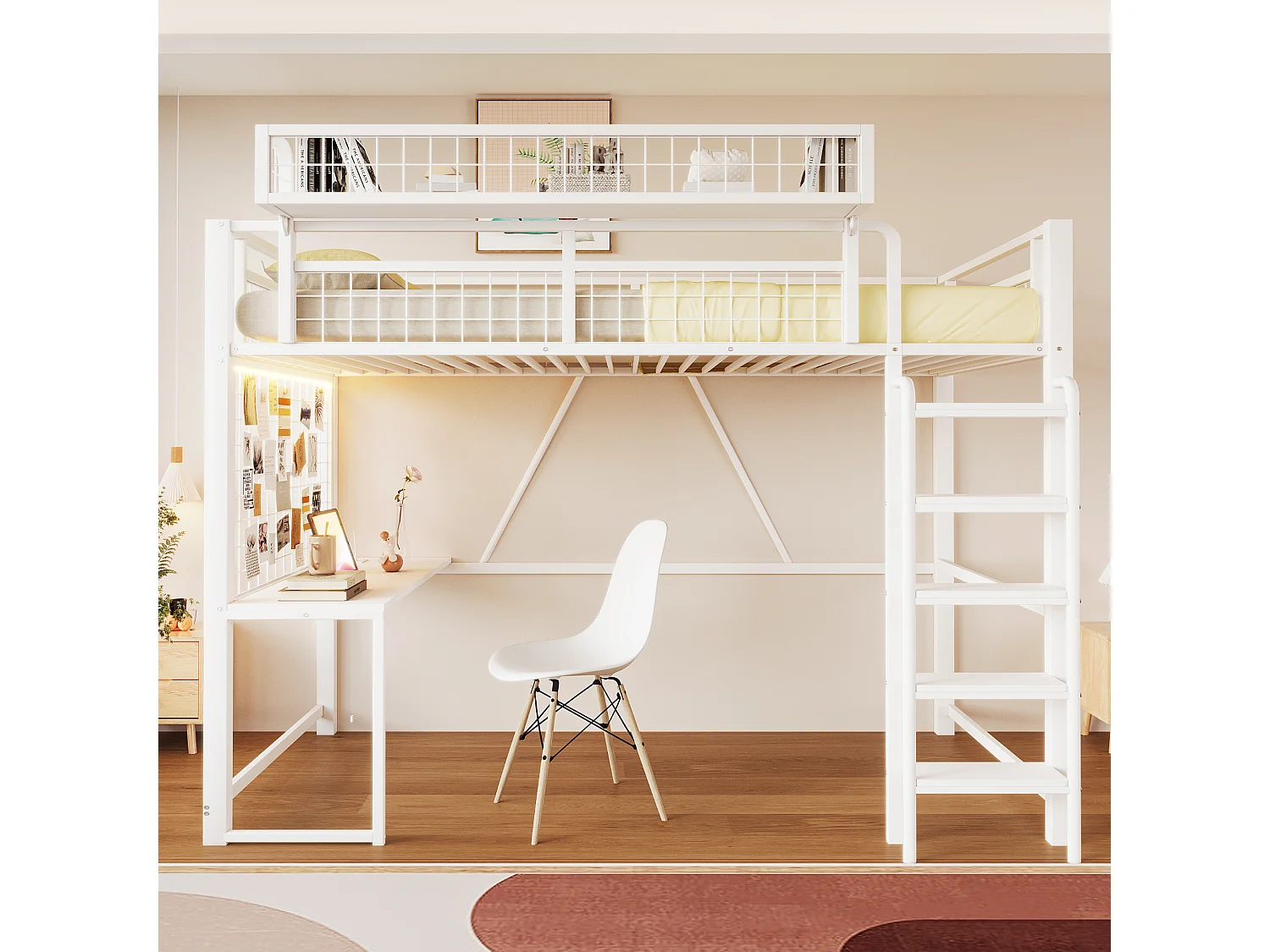Letto a soppalco in metallo 90 x 200 cm - con scrivania - con cestino portaoggetti - con illuminazione LED - con presa elettrica - bianco (materasso non incluso)
