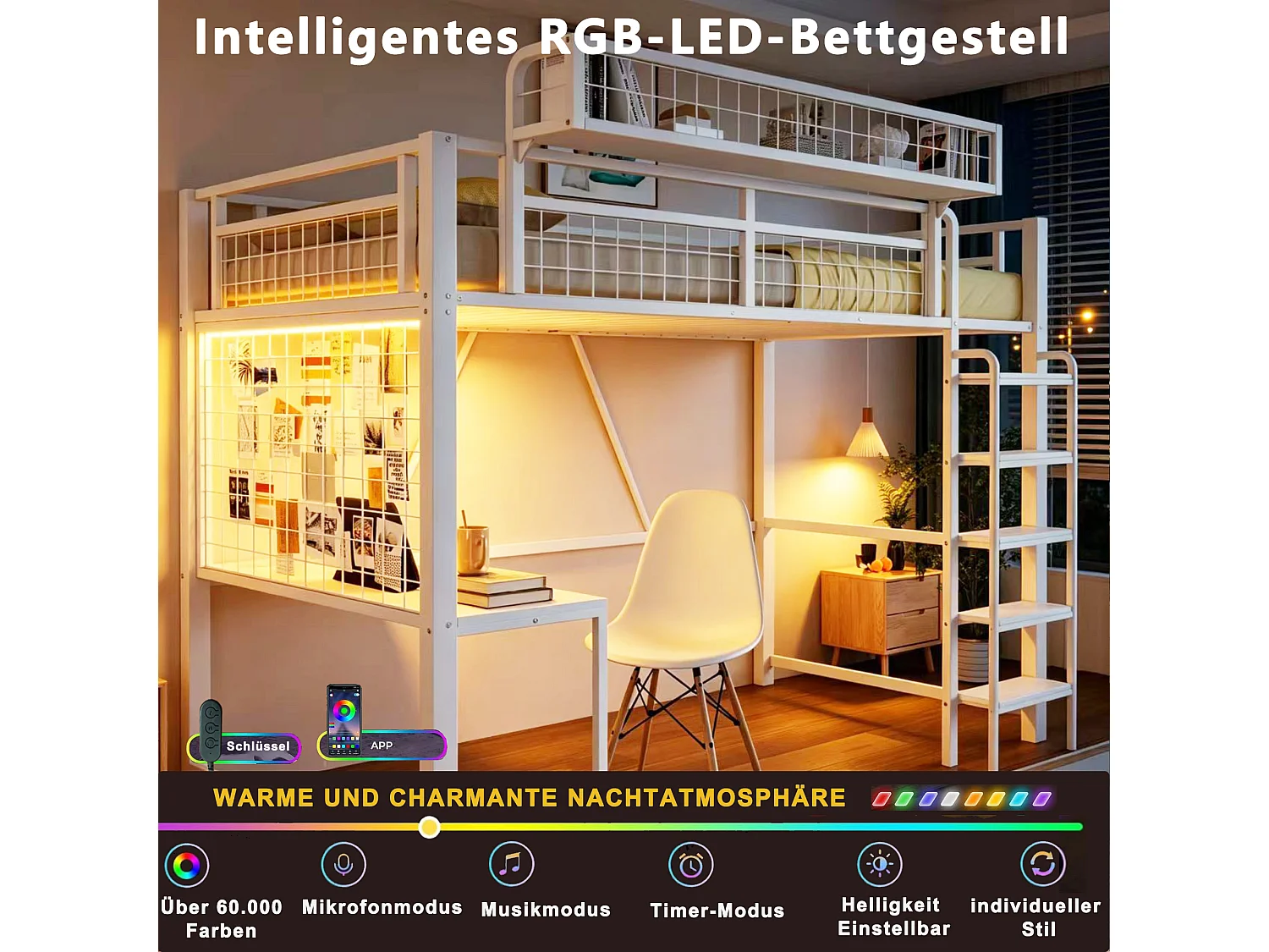Letto a soppalco in metallo 90 x 200 cm - con scrivania - con cestino portaoggetti - con illuminazione LED - con presa elettrica - bianco (materasso non incluso)