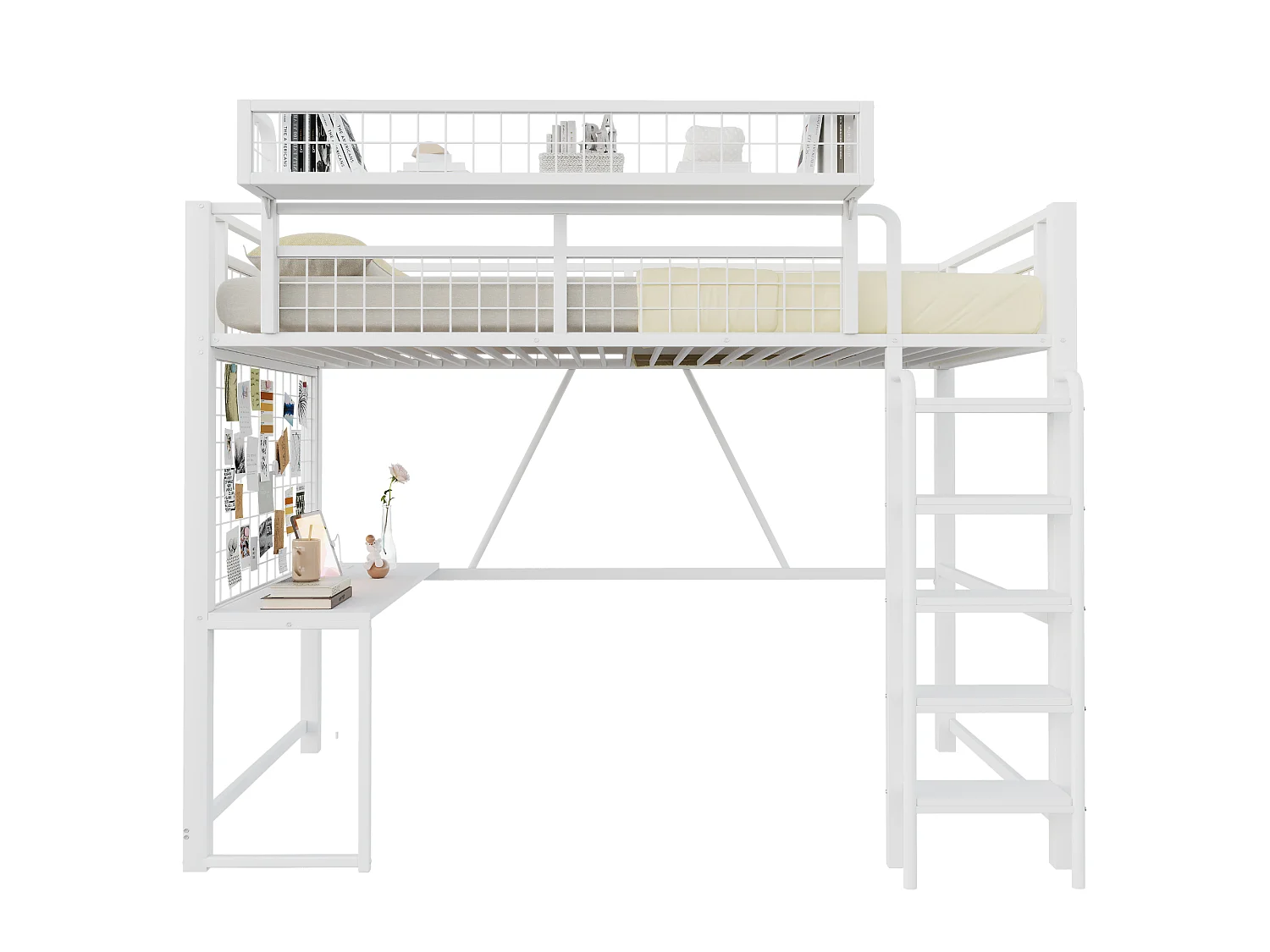 Letto a soppalco in metallo 90 x 200 cm - con scrivania - con cestino portaoggetti - con illuminazione LED - con presa elettrica - bianco (materasso non incluso)