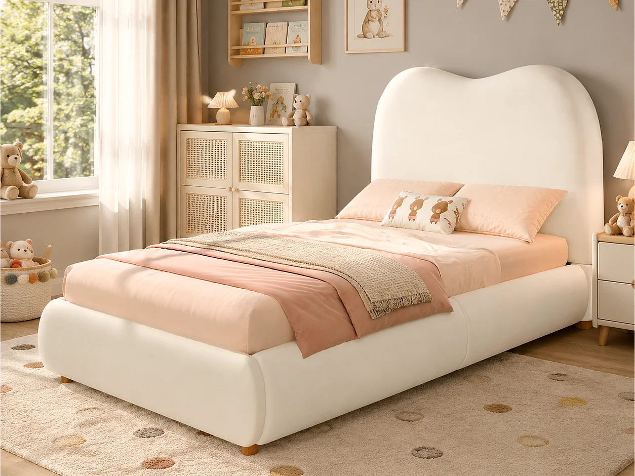 Children's bed with storage 90 x 200 cm - With upholstered headboard - Storage under the bed - Velvet - Beige (mattress not included)