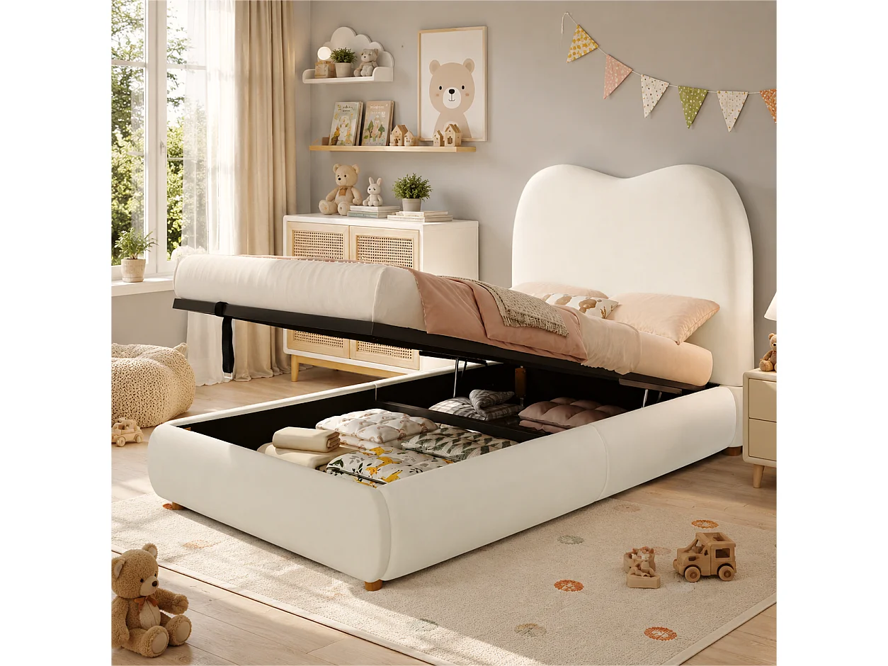 Children's bed with storage 90 x 200 cm - With upholstered headboard - Storage under the bed - Velvet - Beige (mattress not included)