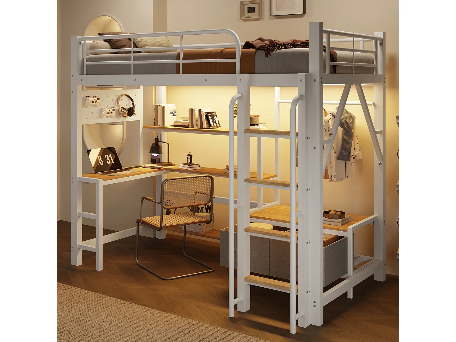 Mezzanine bed 90 x 200 cm - with shelves - with 2 drawers - with desk - with USB port - with LED lighting - white (mattress not included)