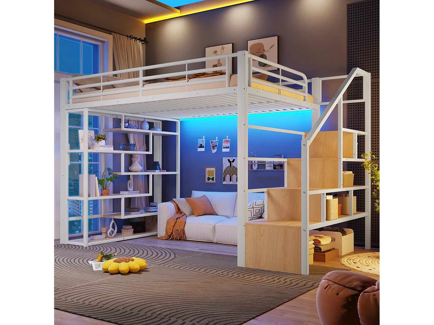 Loft bed 140 x 200 cm - with storage compartments - with safety barriers and ladder - with LED lighting - black (mattress not included)