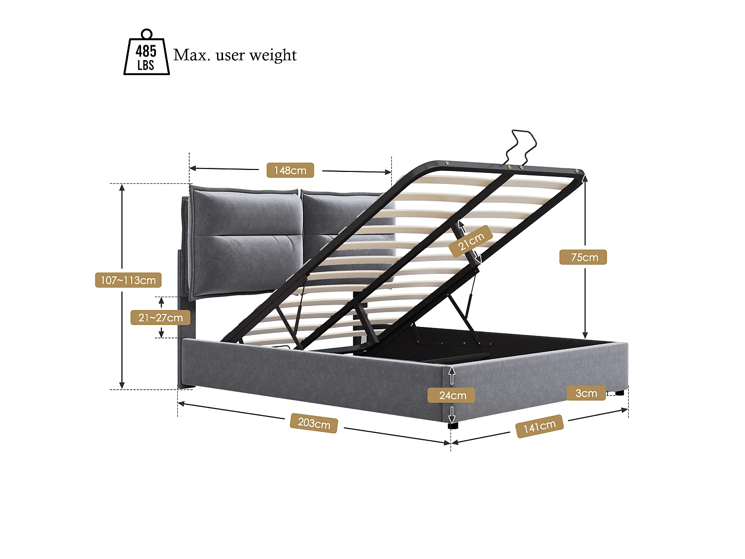Lit double hydraulique rembourré 140x200, tête réglable, métal, velours, rangement, gris (avec matelas).