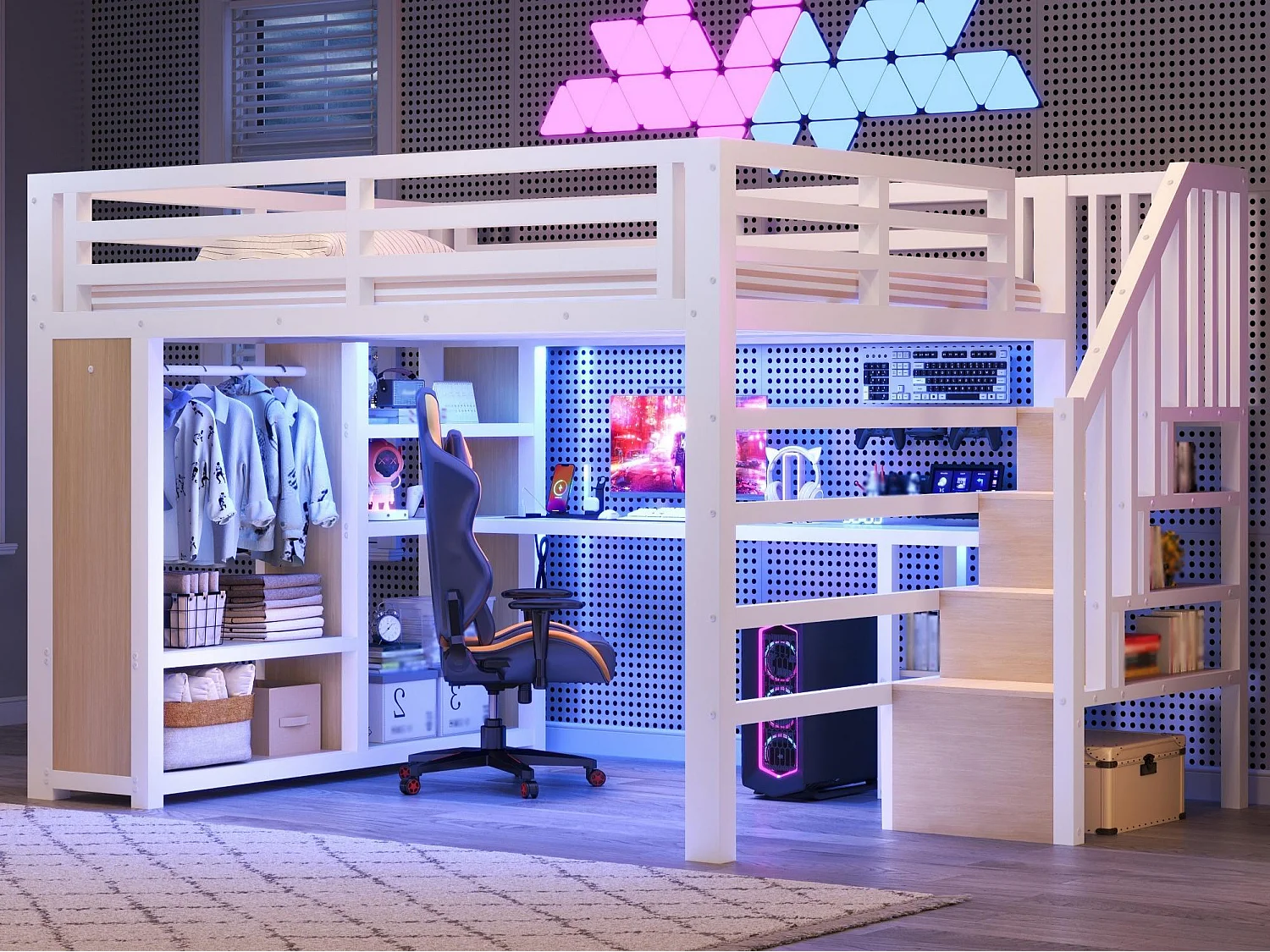 Lit mezzanine en métal 140 x 200 cm - LED et port USB - Bureau, penderie ouverte et échelle de rangement - Blanc (sans matelas)