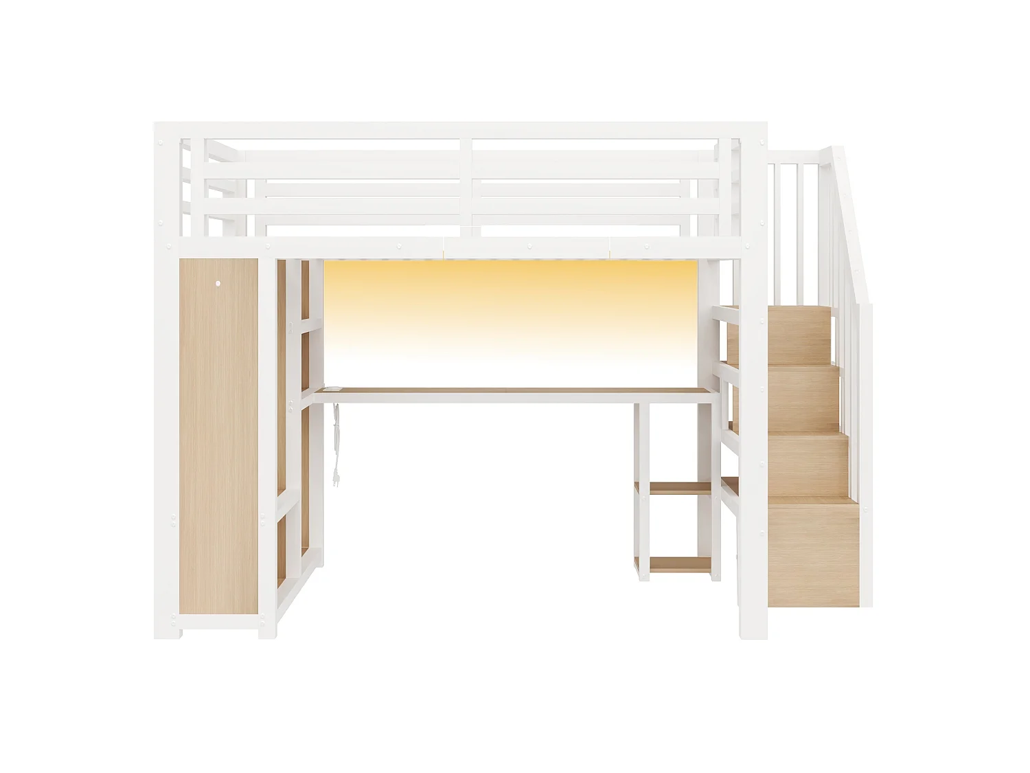 Lit mezzanine en métal 140 x 200 cm - LED et port USB - Bureau, penderie ouverte et échelle de rangement - Blanc (sans matelas)