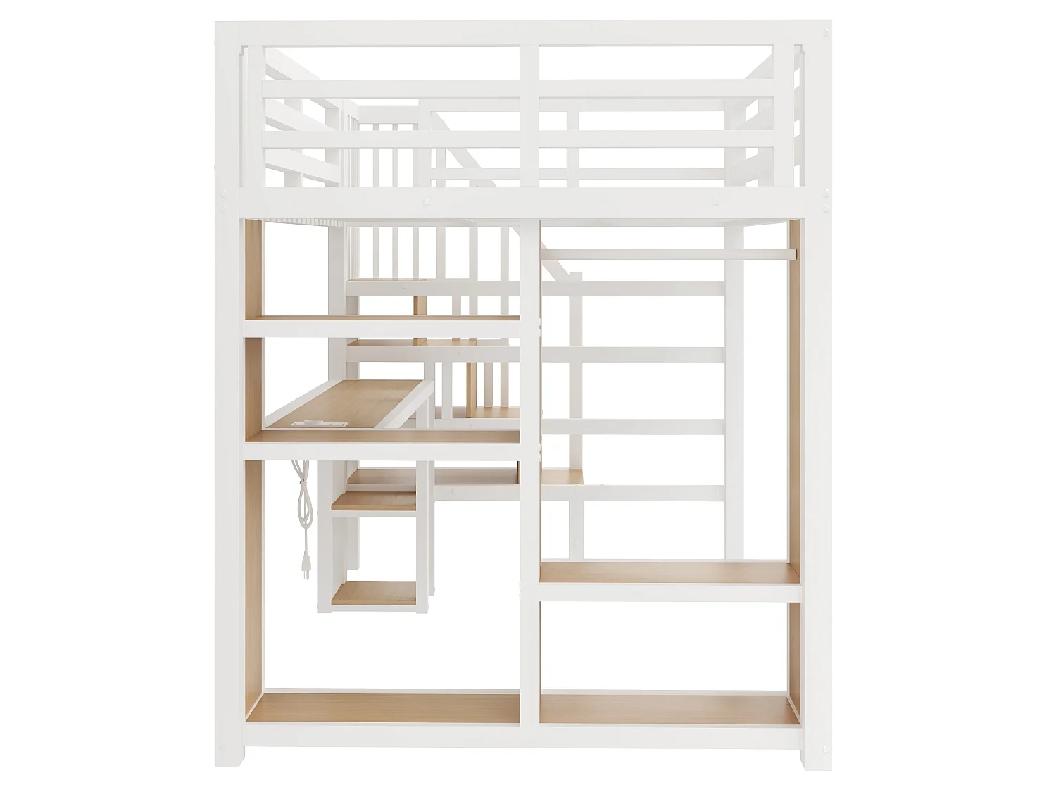 Lit mezzanine en métal 140 x 200 cm - LED et port USB - Bureau, penderie ouverte et échelle de rangement - Blanc (sans matelas)