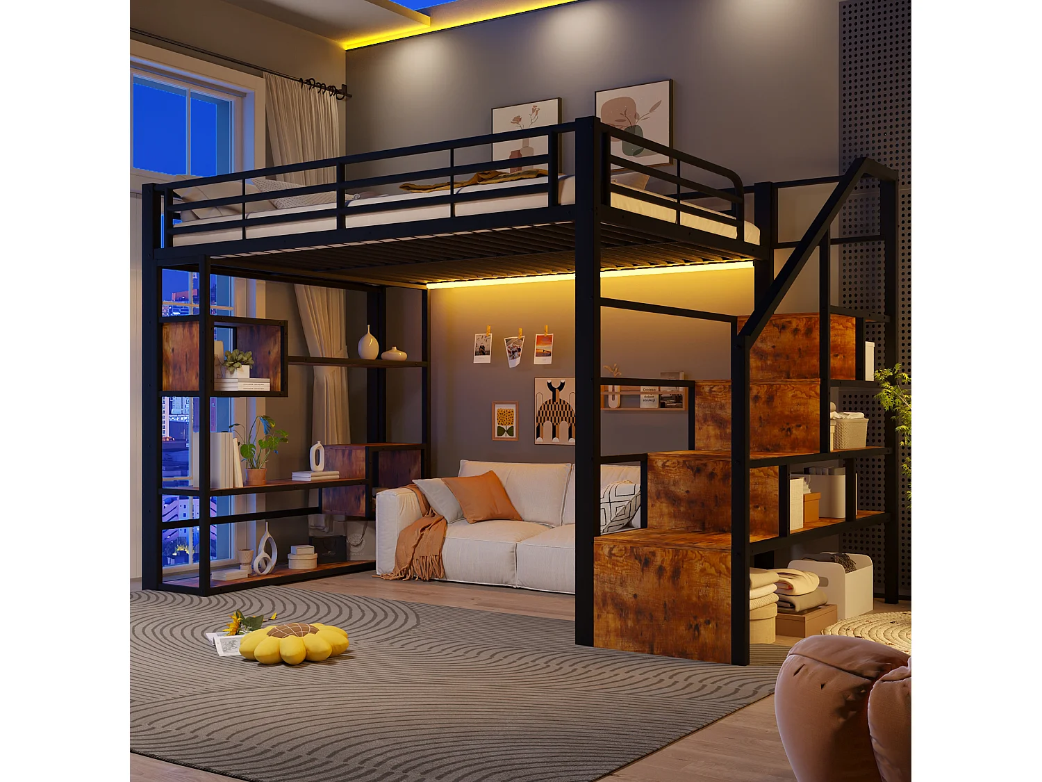 Mezzanine bed 140 x 200 cm - with storage compartments - with safety barriers - with LED lighting - black (mattress not included)