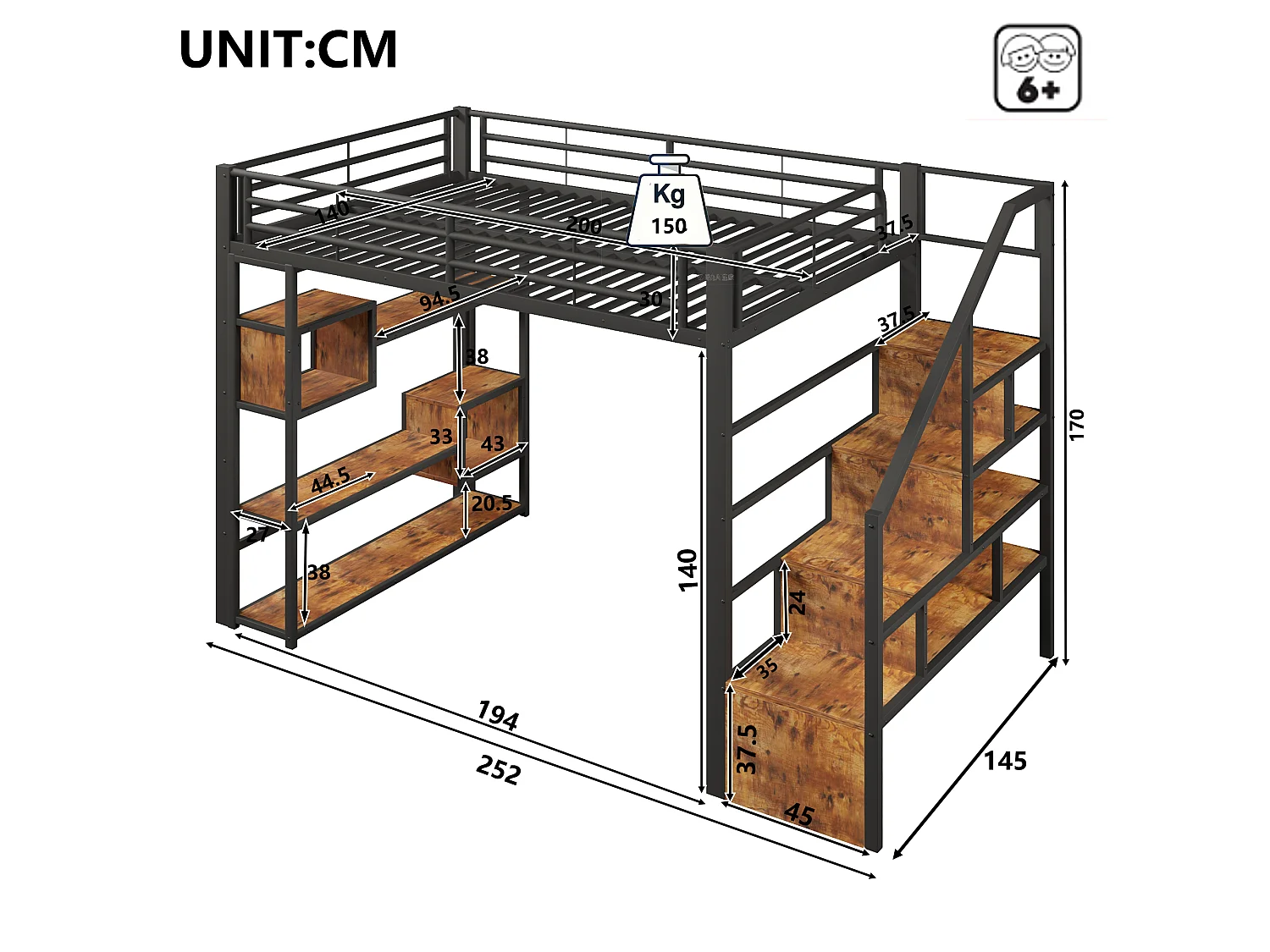 Mezzanine bed 140 x 200 cm - with storage compartments - with safety barriers - with LED lighting - black (mattress not included)