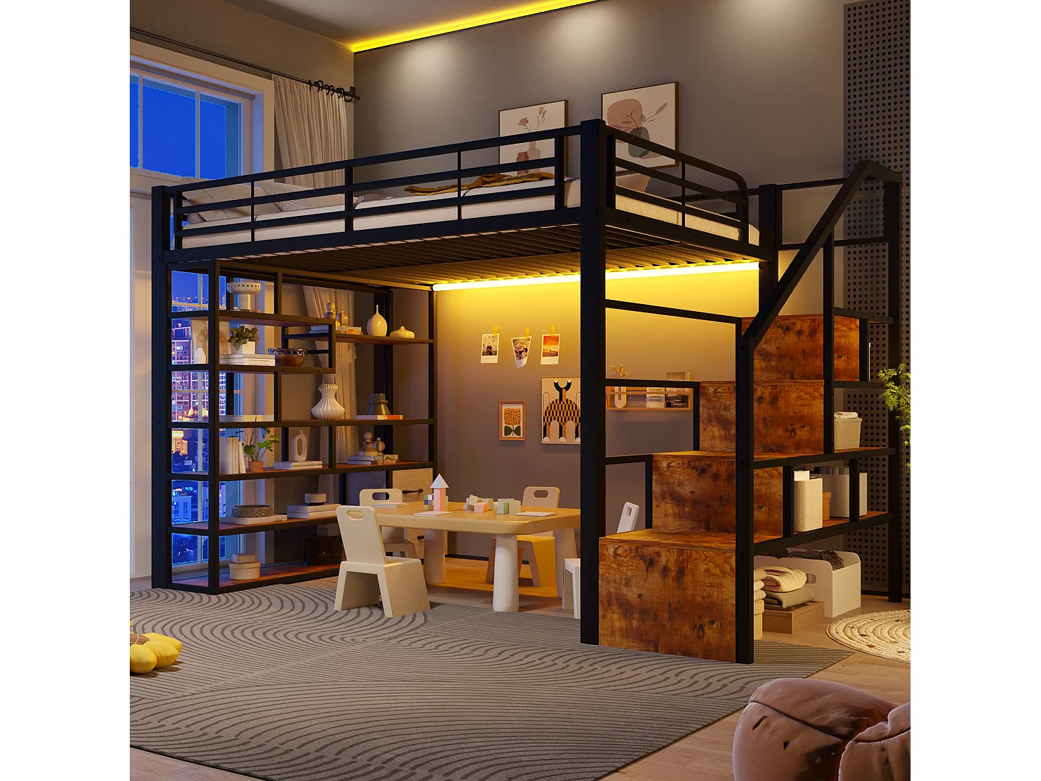 Mezzanine bed 140 x 200 cm - with storage compartments - with 2 drawers - with LED lighting - black (mattress not included)