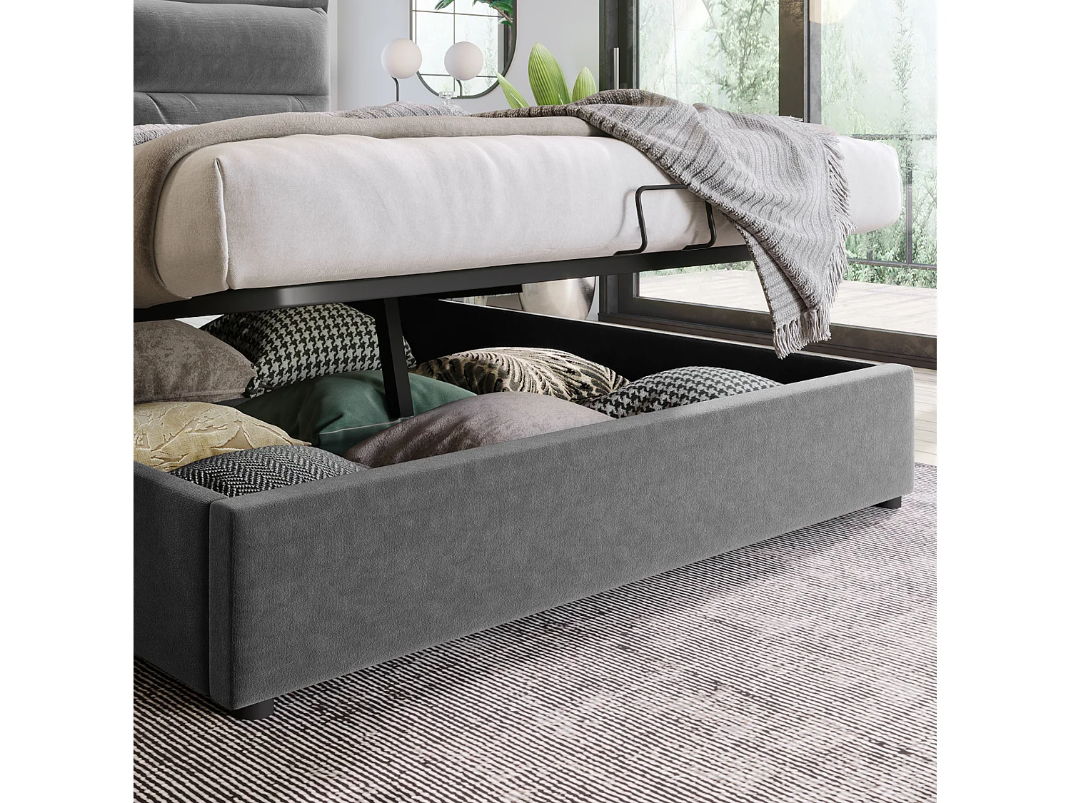 Lit double hydraulique capitonné 140x200, tête réglable, sommier métal, velours, rangement, gris (sans matelas).