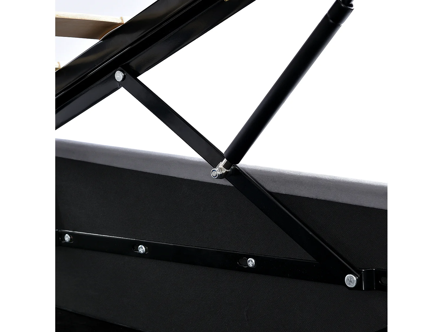 Lit double hydraulique capitonné 140x200, tête réglable, sommier métal, velours, rangement, gris (sans matelas).
