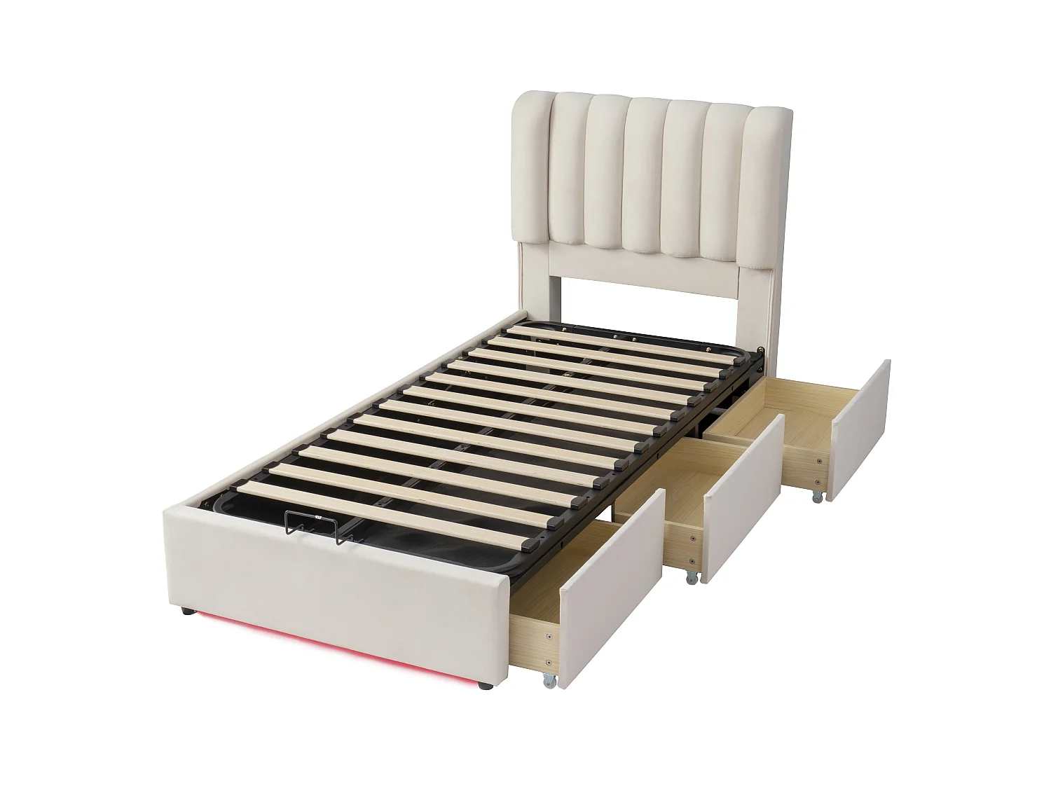 Lådbädd med stoppning 90x200cm - med 3 lådor och en LED-ljuslist - stor innerplats i sängen - sammetstyg - Beige (utan madrass)