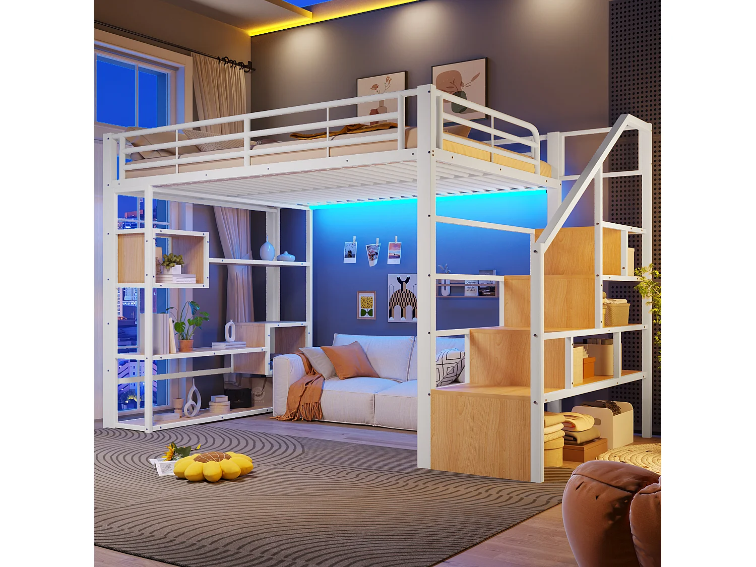 Mezzanine bed 140 x 200 cm - with storage compartments - with safety barriers - with LED lighting - white (mattress not included)