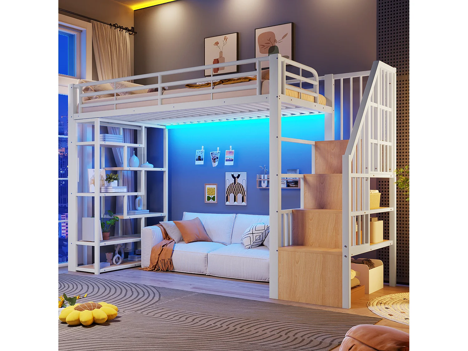 Mezzanine bed 90 x 200 cm - with storage compartments - safety barriers + ladder - with LED light strip - white (mattress not included)
