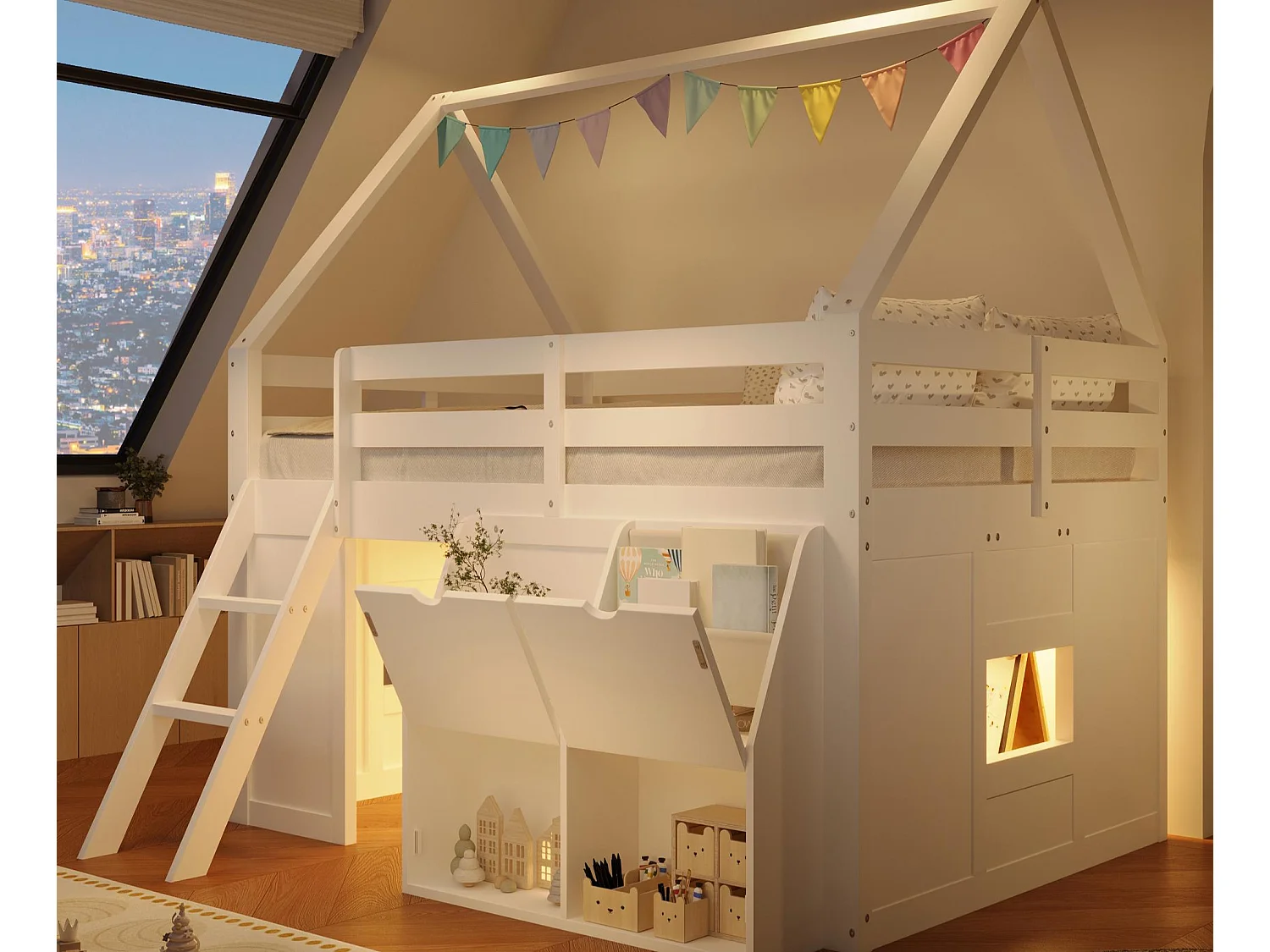 Lit mezzanine cabane 140x200cm - Avec escalier et LED - Coffre de rangement et pochettes - MDF+Pin - Blanc (sans matelas)