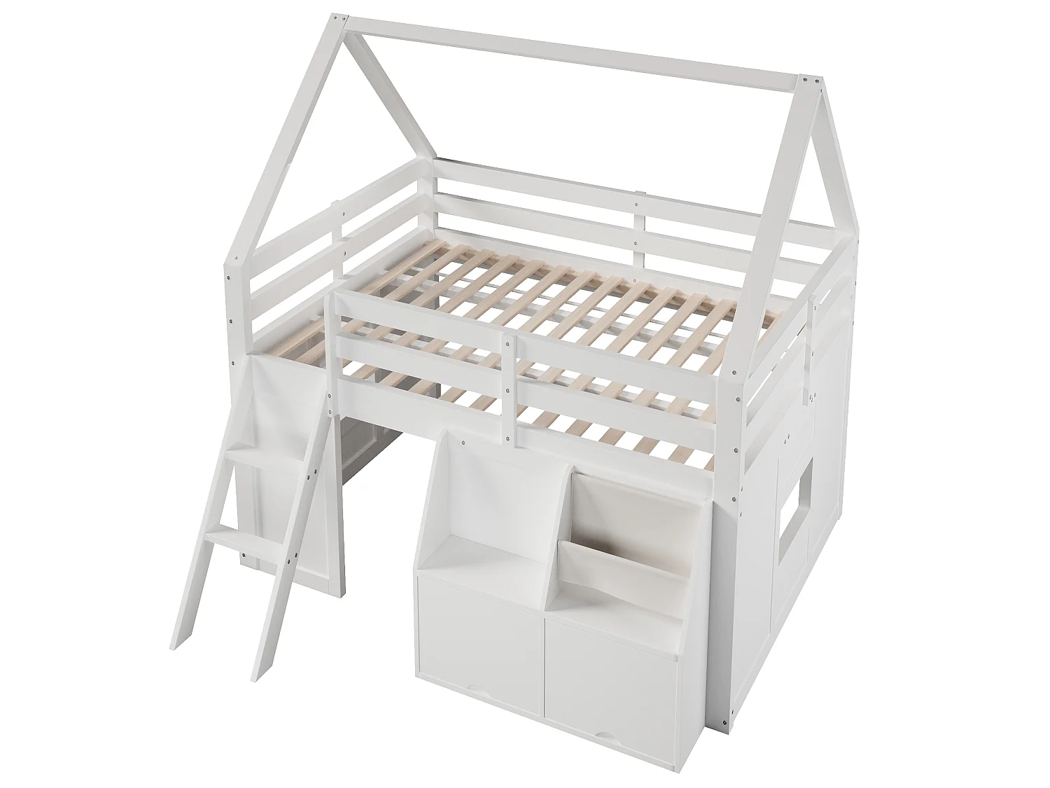 Lit mezzanine cabane 140x200cm - Avec escalier et LED - Coffre de rangement et pochettes - MDF+Pin - Blanc (sans matelas)