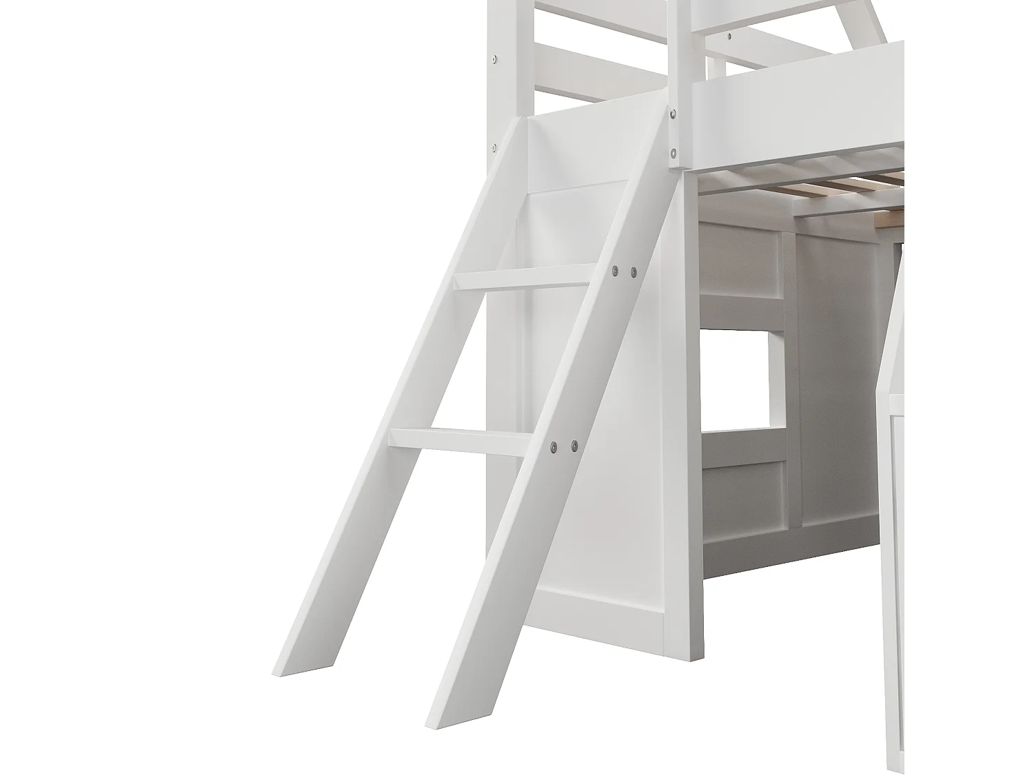Lit mezzanine cabane 140x200cm - Avec escalier et LED - Coffre de rangement et pochettes - MDF+Pin - Blanc (sans matelas)