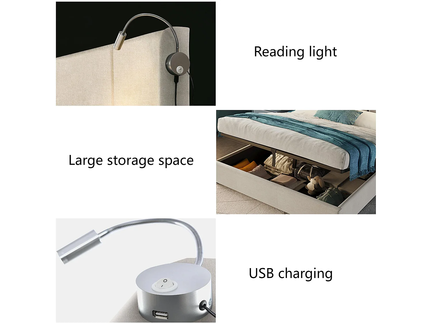160 x 200 cm großes Stauraumbett aus Leinenstoff – mit Leselampen und USB-Ladeanschlüssen – mit Lattenrost – Beige
