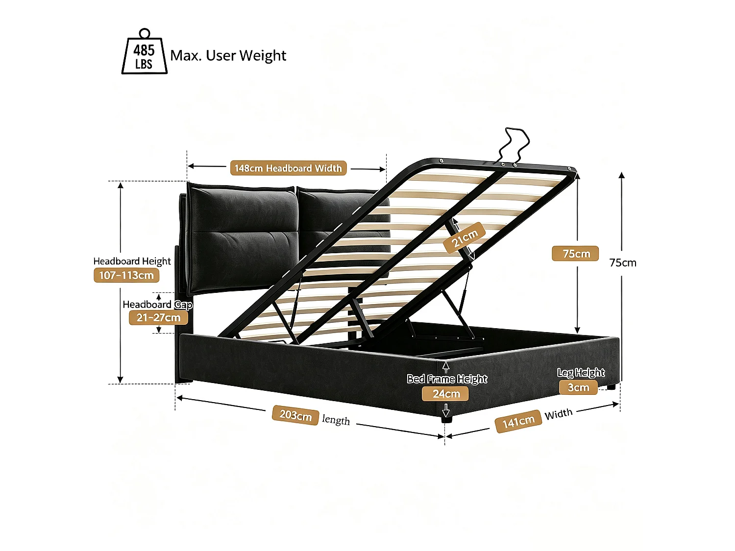 Lit double hydraulique rembourré 140x200, tête réglable, métal, velours, rangement, noir (avec matelas).