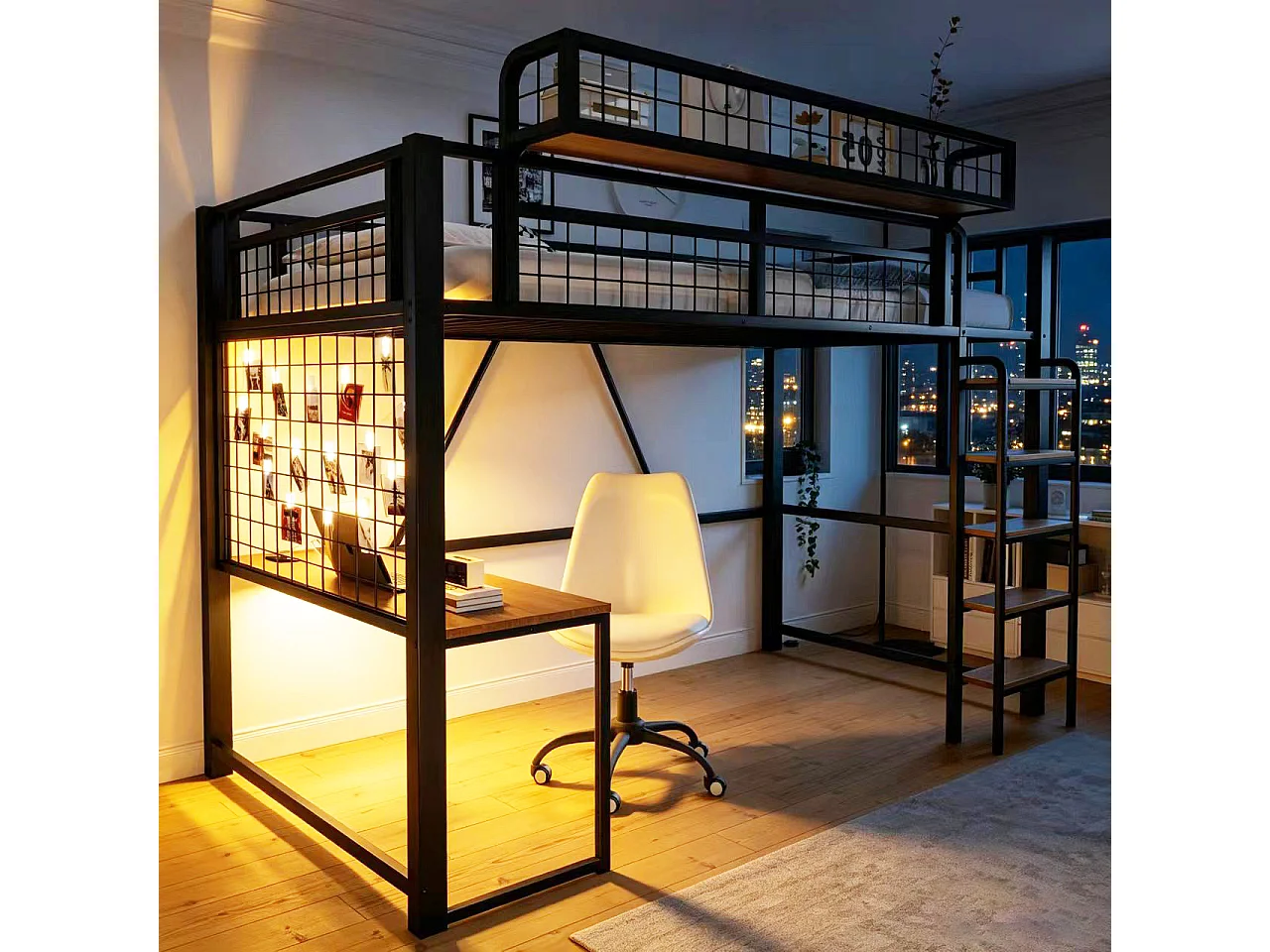 Letto a soppalco in metallo 90 x 200 cm - con scrivania - con cestello portaoggetti - con illuminazione LED - con presa elettrica - nero (materasso non incluso)