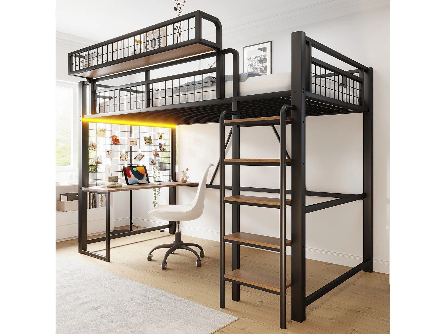 Letto a soppalco in metallo 90 x 200 cm - con scrivania - con cestello portaoggetti - con illuminazione LED - con presa elettrica - nero (materasso non incluso)
