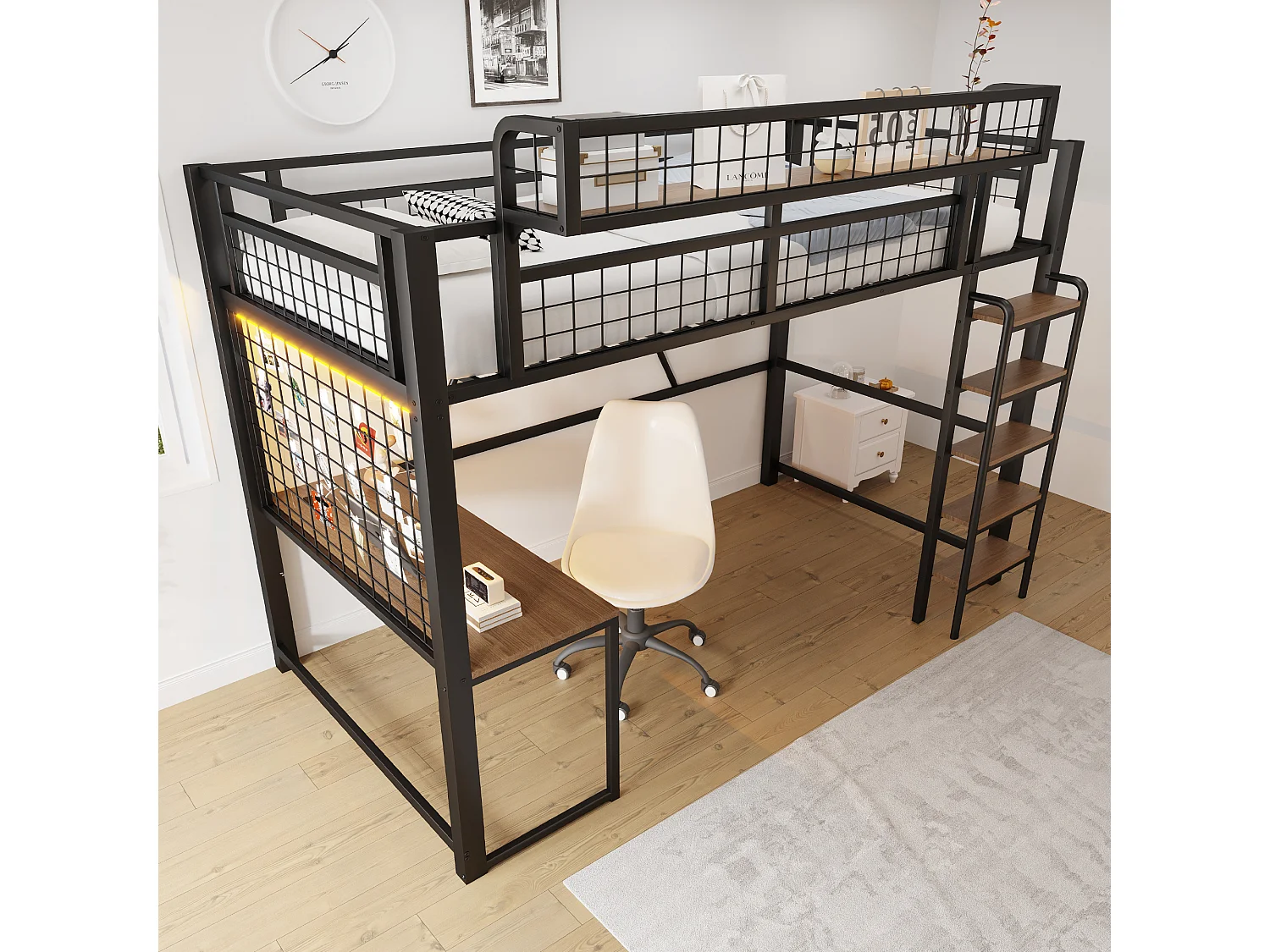 Letto a soppalco in metallo 90 x 200 cm - con scrivania - con cestello portaoggetti - con illuminazione LED - con presa elettrica - nero (materasso non incluso)