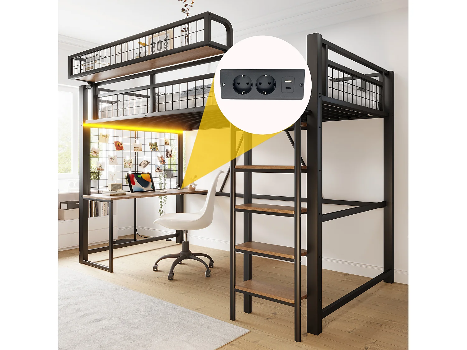 Letto a soppalco in metallo 90 x 200 cm - con scrivania - con cestello portaoggetti - con illuminazione LED - con presa elettrica - nero (materasso non incluso)