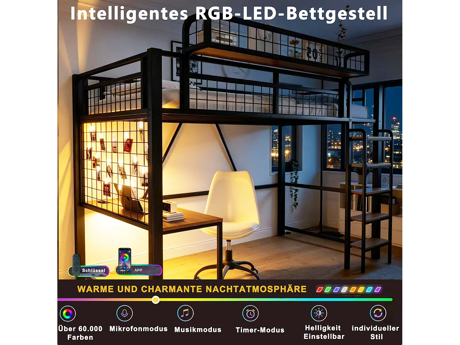 Letto a soppalco in metallo 90 x 200 cm - con scrivania - con cestello portaoggetti - con illuminazione LED - con presa elettrica - nero (materasso non incluso)