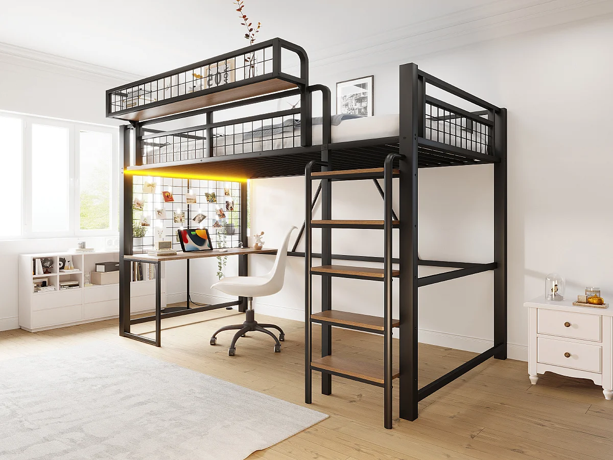 Letto a soppalco in metallo 90 x 200 cm - con scrivania - con cestello portaoggetti - con illuminazione LED - con presa elettrica - nero (materasso non incluso)