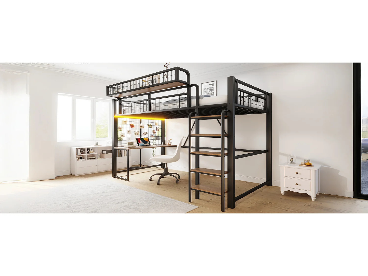 Letto a soppalco in metallo 90 x 200 cm - con scrivania - con cestello portaoggetti - con illuminazione LED - con presa elettrica - nero (materasso non incluso)