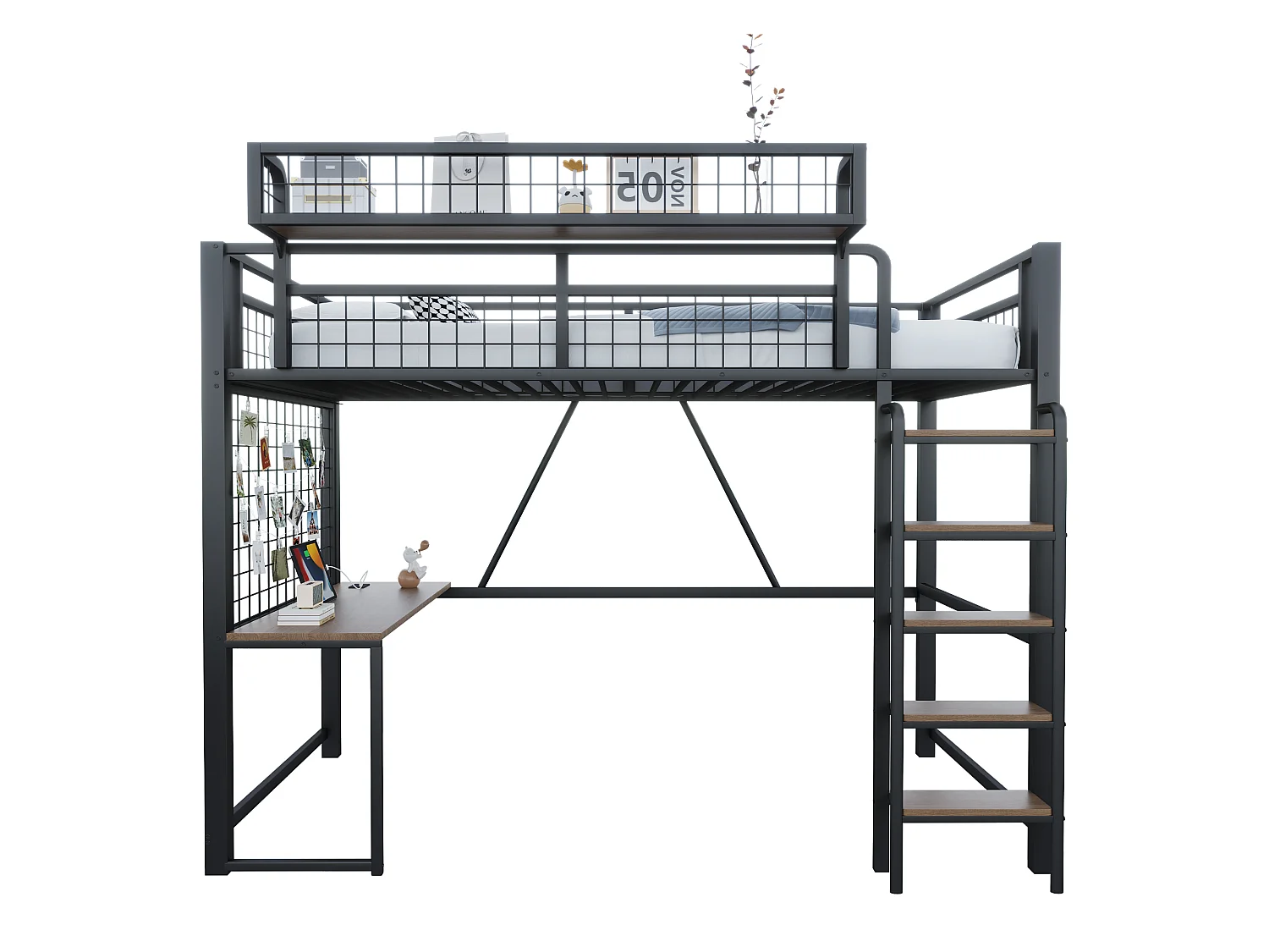 Letto a soppalco in metallo 90 x 200 cm - con scrivania - con cestello portaoggetti - con illuminazione LED - con presa elettrica - nero (materasso non incluso)