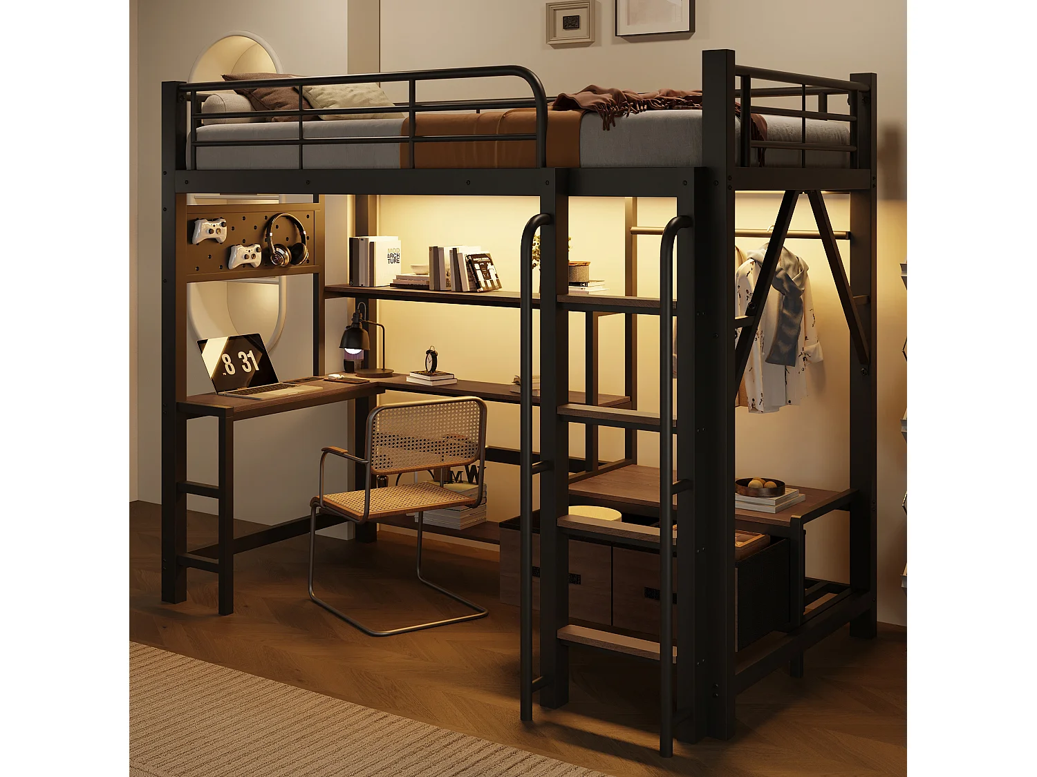 Mezzanine bed 90 x 200 cm - with shelves - with 2 drawers - with desk - with USB port - with LED lighting - black (mattress not included)