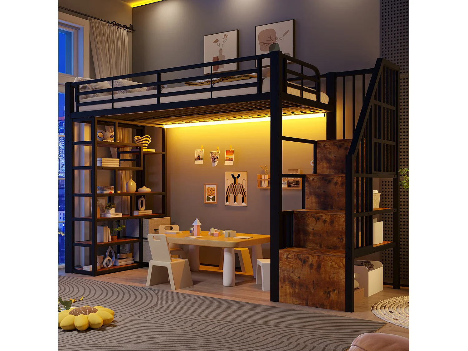 Loft bed 90 x 200 cm - with storage compartments - with safety barriers and ladder - with LED lighting - black (mattress not included)