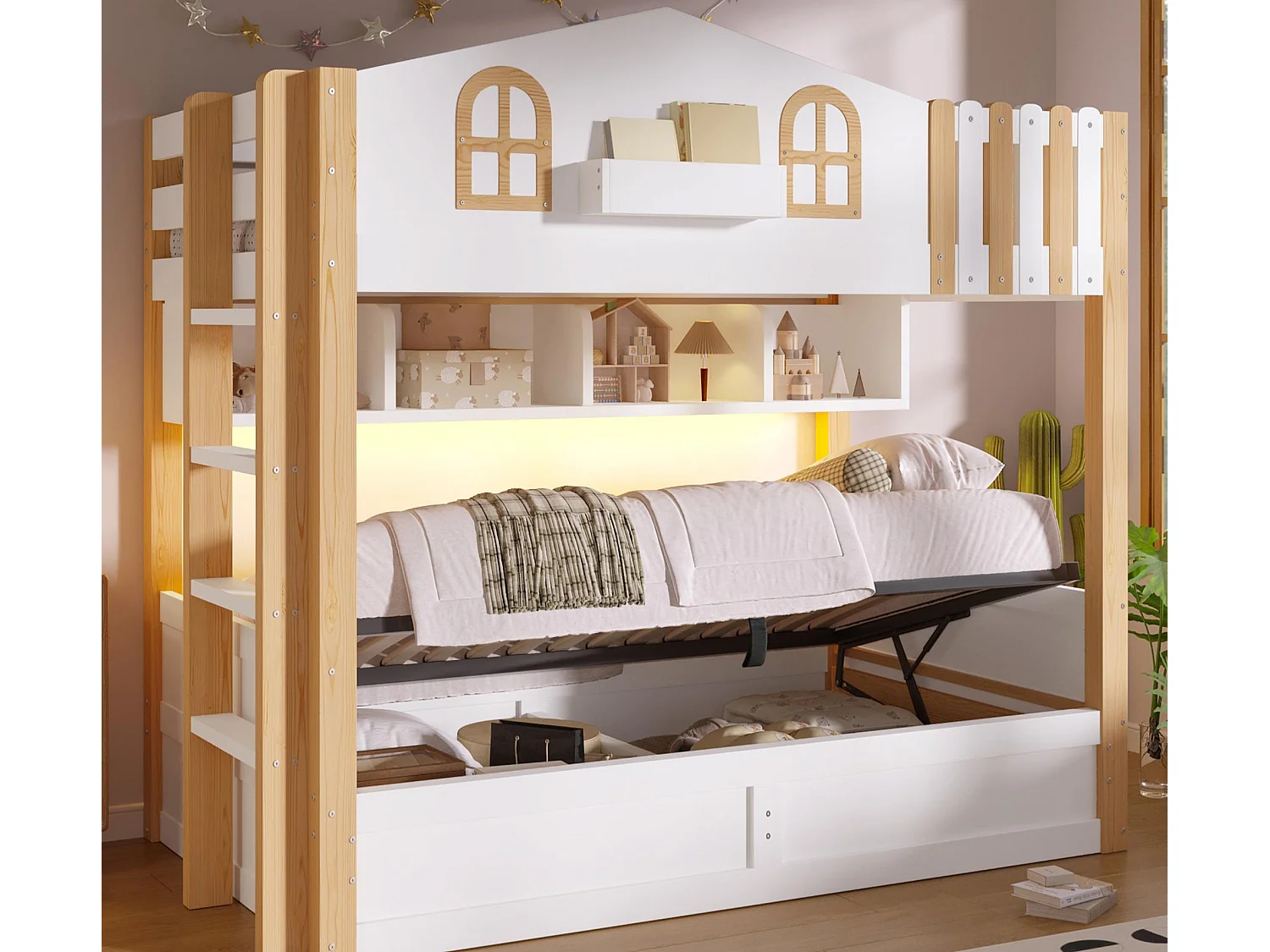 Bunk bed 90x200cm - with LED light - with storage compartments - with safety ladder - white + natural (mattress not included)
