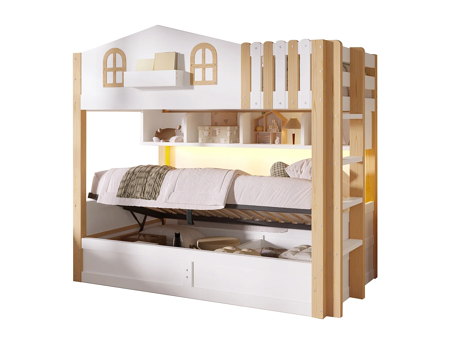 Bunk bed 90x200cm - with LED light - with storage compartments - with safety ladder - white + natural (mattress not included)