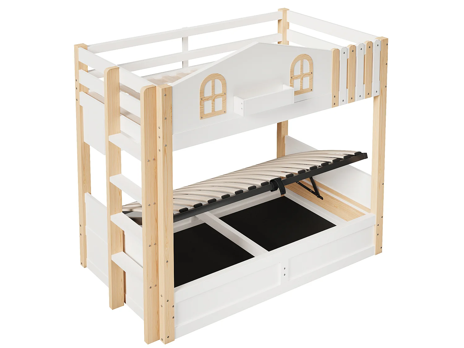 Bunk bed 90x200cm - with LED light - with storage compartments - with safety ladder - white + natural (mattress not included)