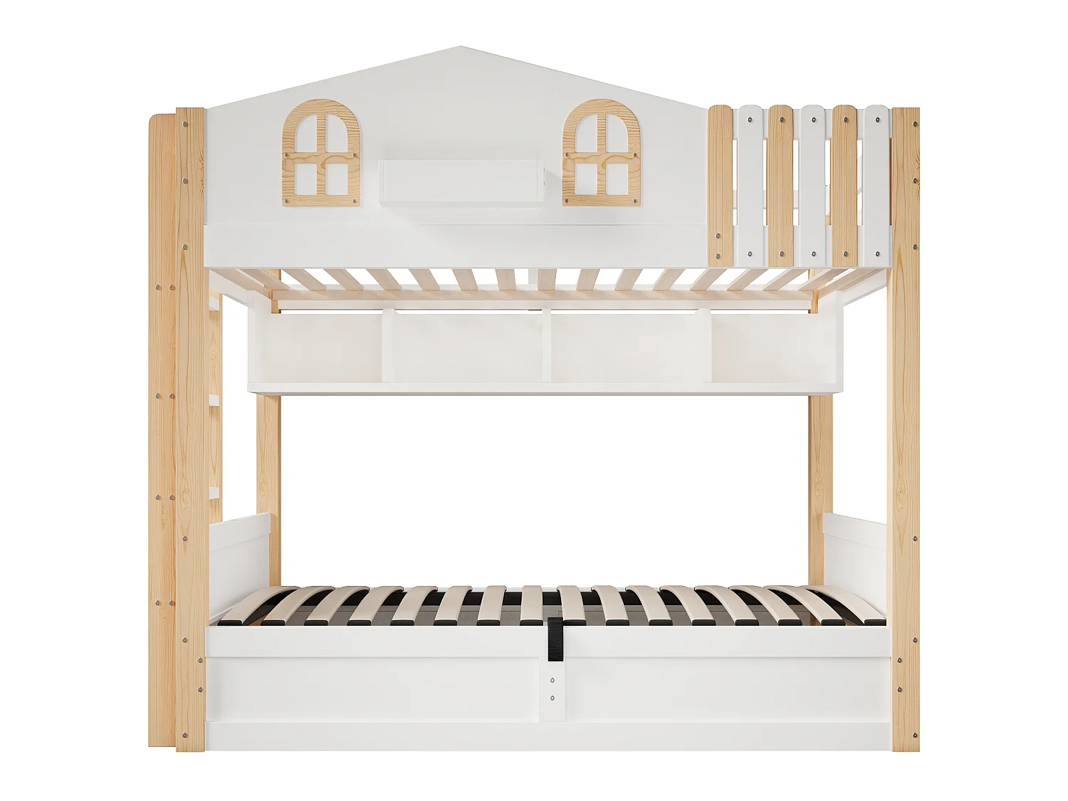Bunk bed 90x200cm - with LED light - with storage compartments - with safety ladder - white + natural (mattress not included)