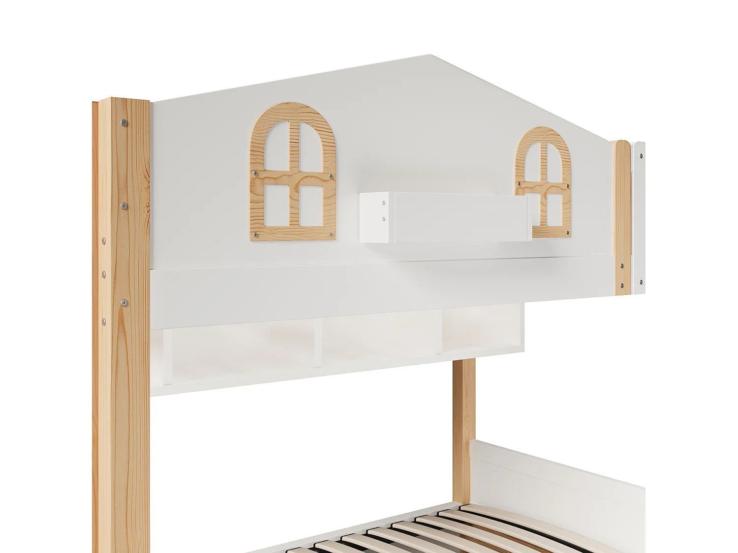 Bunk bed 90x200cm - with LED light - with storage compartments - with safety ladder - white + natural (mattress not included)
