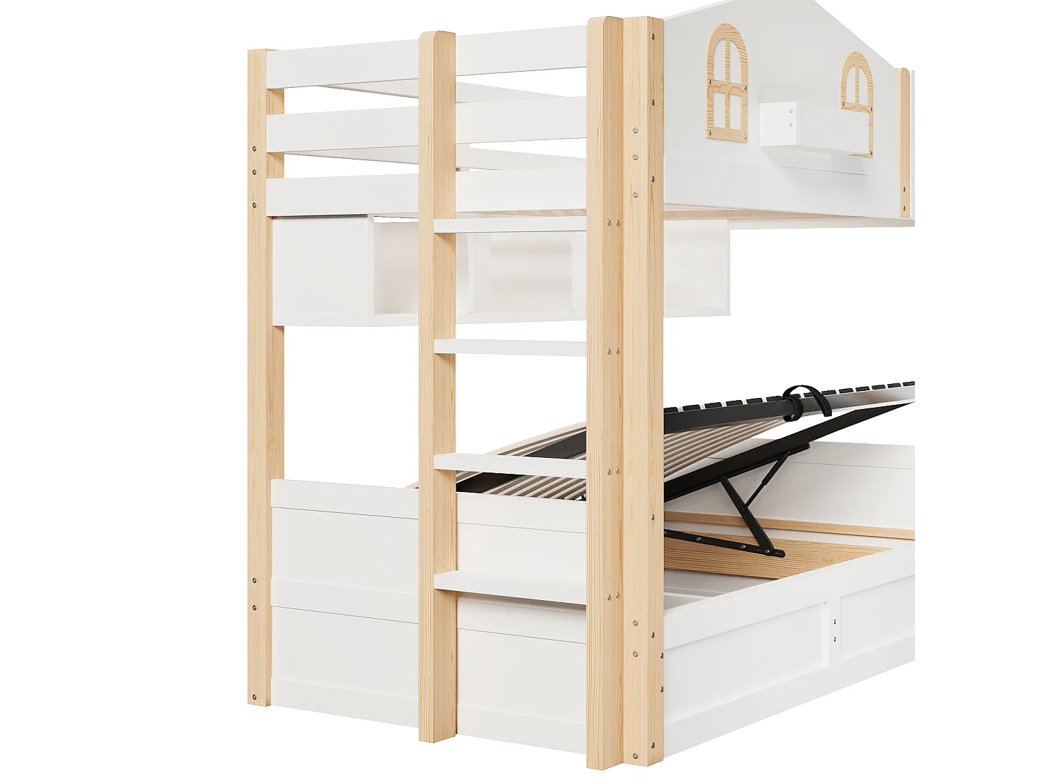 Bunk bed 90x200cm - with LED light - with storage compartments - with safety ladder - white + natural (mattress not included)