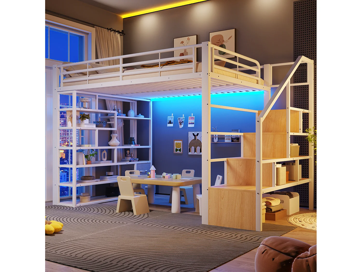 Mezzanine bed 140 x 200 cm - with storage compartments - with 2 drawers - with LED lighting - white (mattress not included)