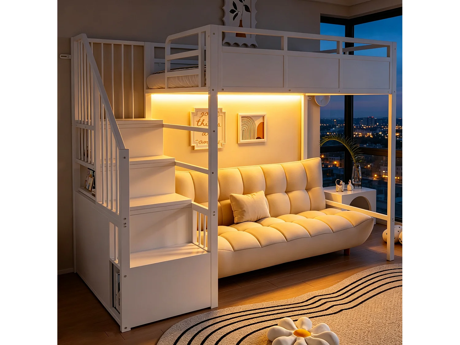 Metal mezzanine bed 90 x 200 cm - with safety barriers - with storage ladder - with LED lighting - black (mattress not included)