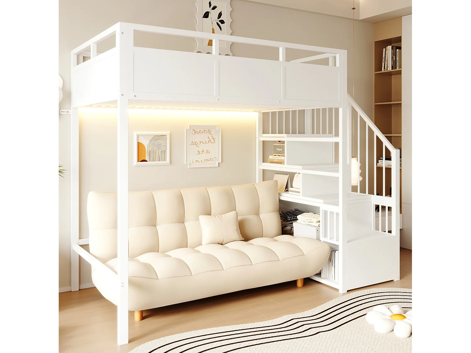 Metal mezzanine bed 90 x 200 cm - with safety barriers - with storage ladder - with LED lighting - black (mattress not included)