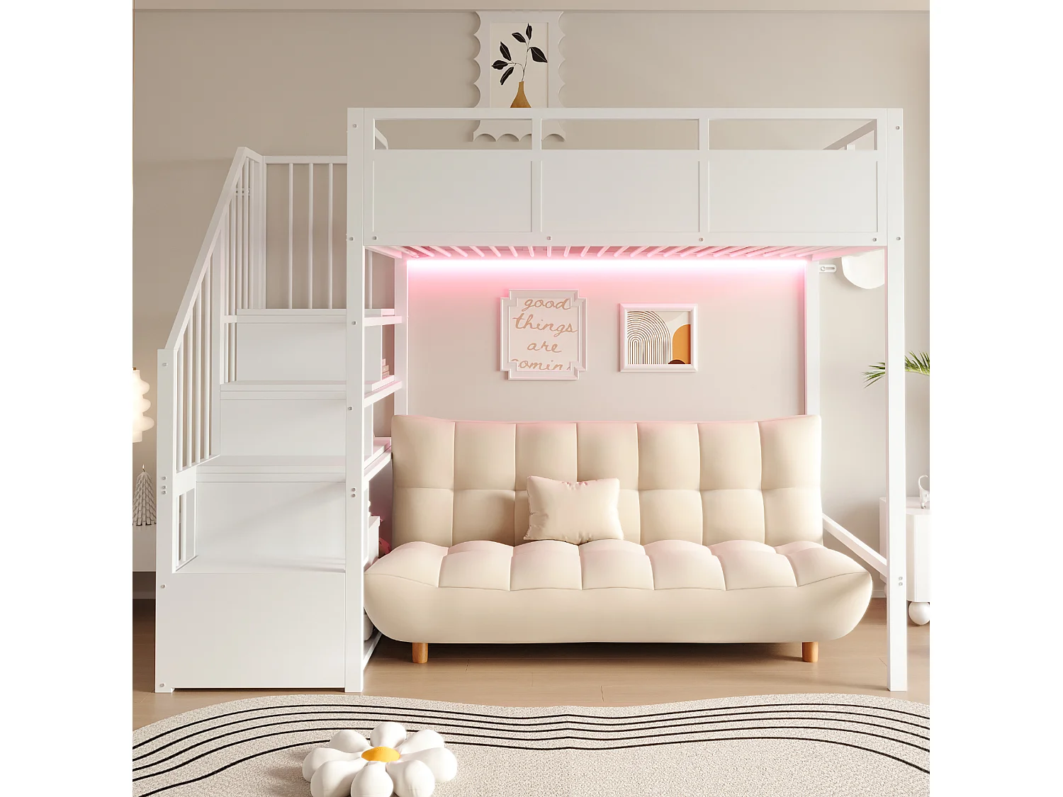 Metal mezzanine bed 90 x 200 cm - with safety barriers - with storage ladder - with LED lighting - black (mattress not included)