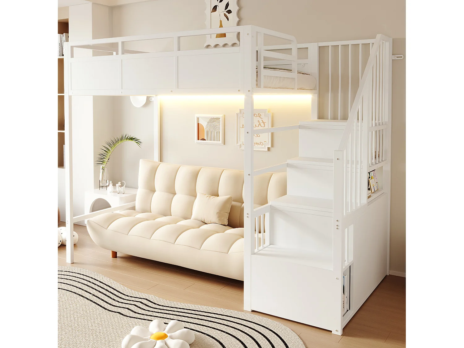 Metal mezzanine bed 90 x 200 cm - with safety barriers - with storage ladder - with LED lighting - black (mattress not included)