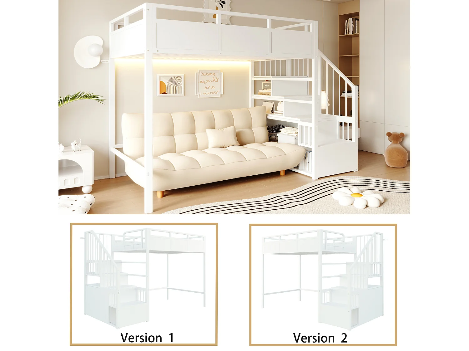 Metal mezzanine bed 90 x 200 cm - with safety barriers - with storage ladder - with LED lighting - black (mattress not included)