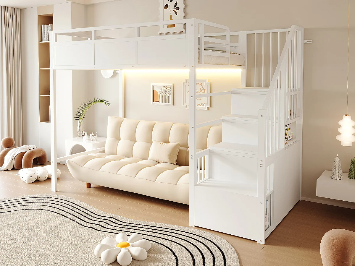 Metal mezzanine bed 90 x 200 cm - with safety barriers - with storage ladder - with LED lighting - black (mattress not included)