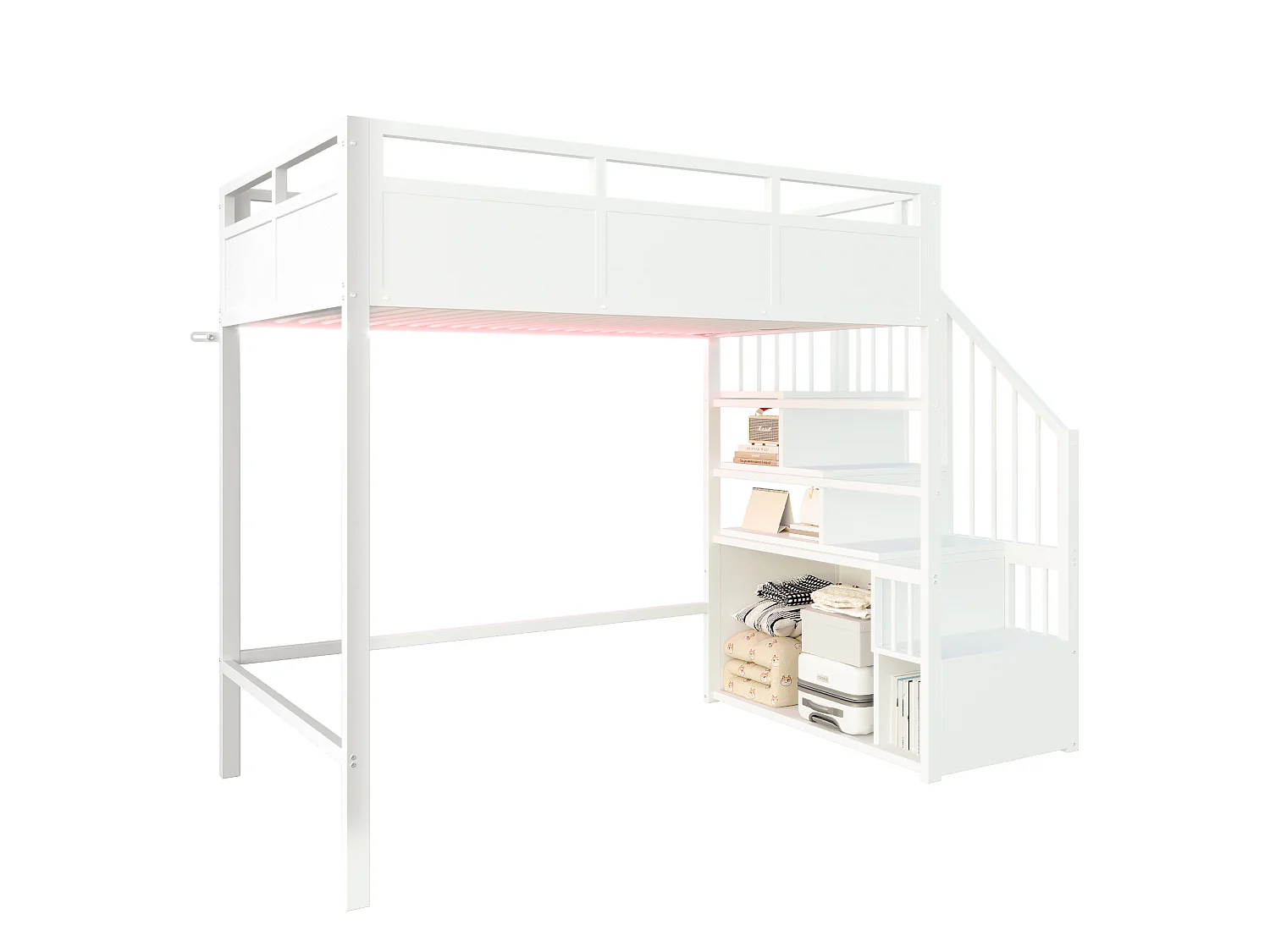 Metal mezzanine bed 90 x 200 cm - with safety barriers - with storage ladder - with LED lighting - black (mattress not included)